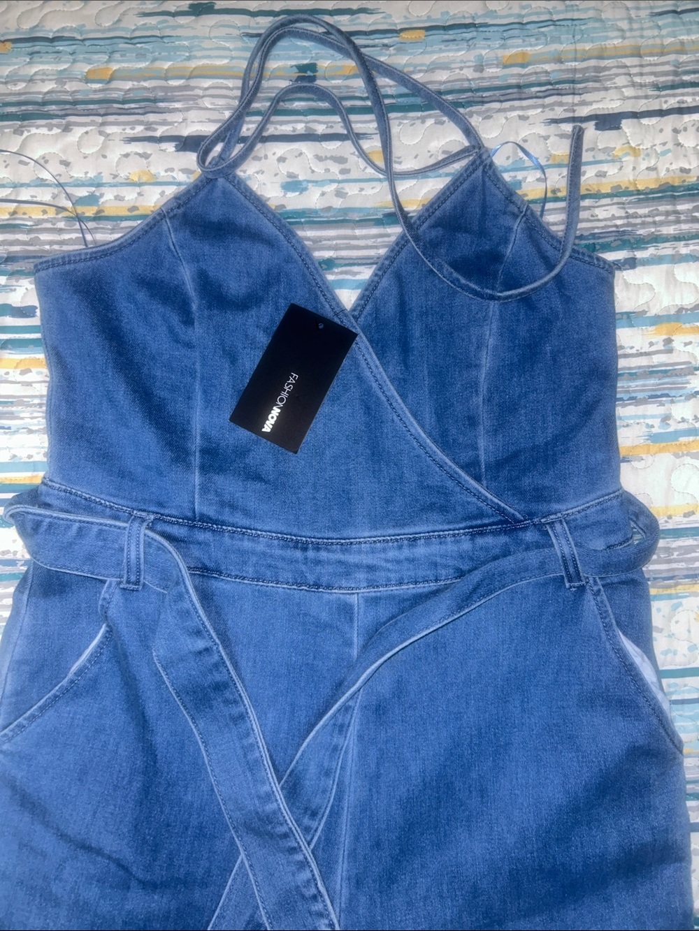 Fashion Nova Blue Denim Wide-Leg Jumpsuit with Tie Waist - Picture 3 of 5